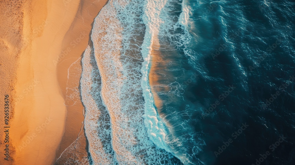 Aerial view of ocean waves gently washing onto a sandy beach lined with natural dunes, capturing the peaceful coastal scenery. Aerial view of ocean waves gently washing onto a sandy beach lined with natural dunes, capturing the peaceful coastal scenery.