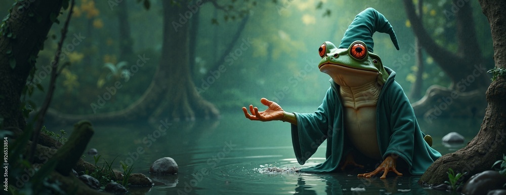 Obraz premium Magical frog wizard contemplatively gesturing against misty forest backdrop