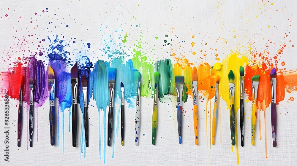 An array of colorful paintbrushes with bright paint splash An array of colorful paintbrushes with bright paint splash