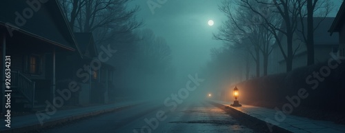 Misty moonlit street with eerie glow against foggy neighborhood backdrop