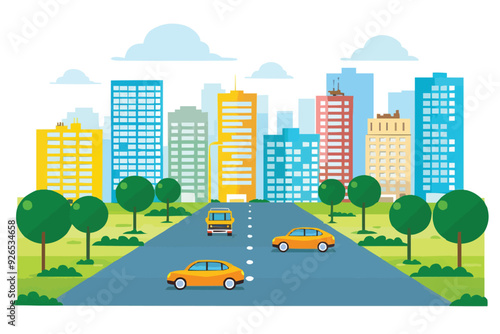 road in front of multi-storey buildings with city landscape