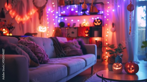 A living room filled with Halloween garlands, lights, and spooky props.