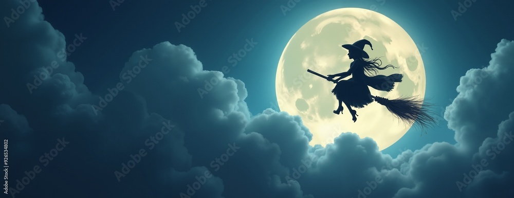 Witch silhouette flying on broomstick against full moon in cloudy night sky Witch silhouette flying on broomstick against full moon in cloudy night sky