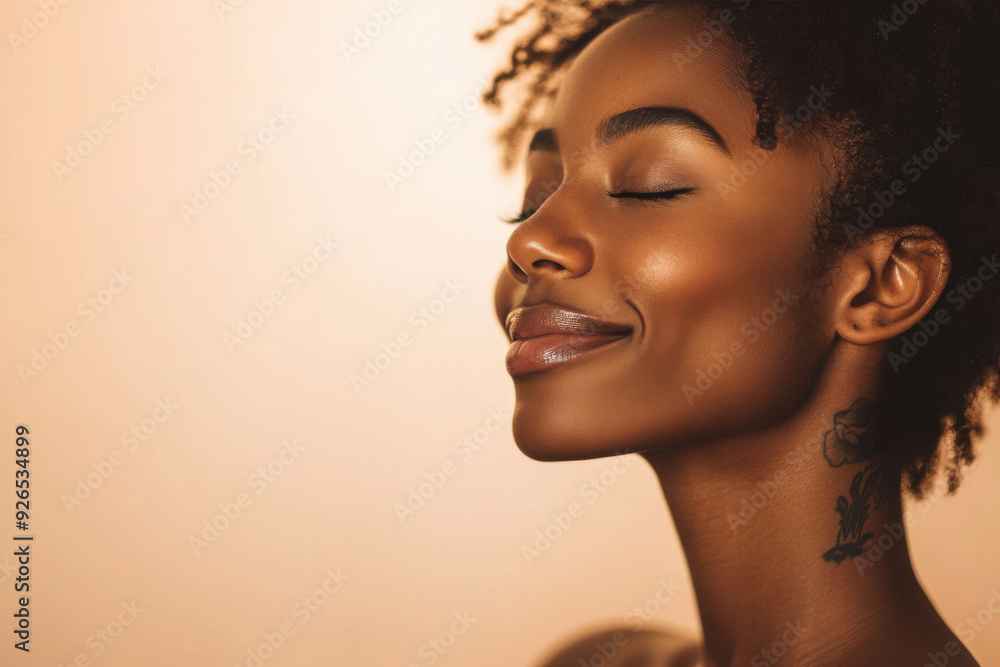 A close up of a tattooed black woman's face with her eyes closed A close up of a tattooed black woman's face with her eyes closed
