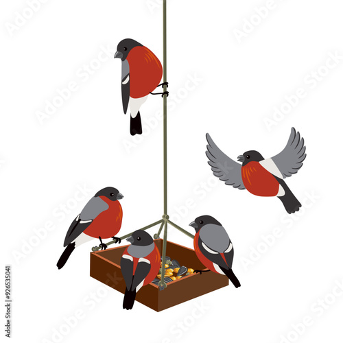 vector drawing bird feeder and bullfinch birds, wooden bird house isolated at white background, hand drawn vector illustration