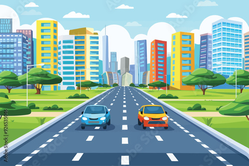 road in front of multi-storey buildings with city landscape