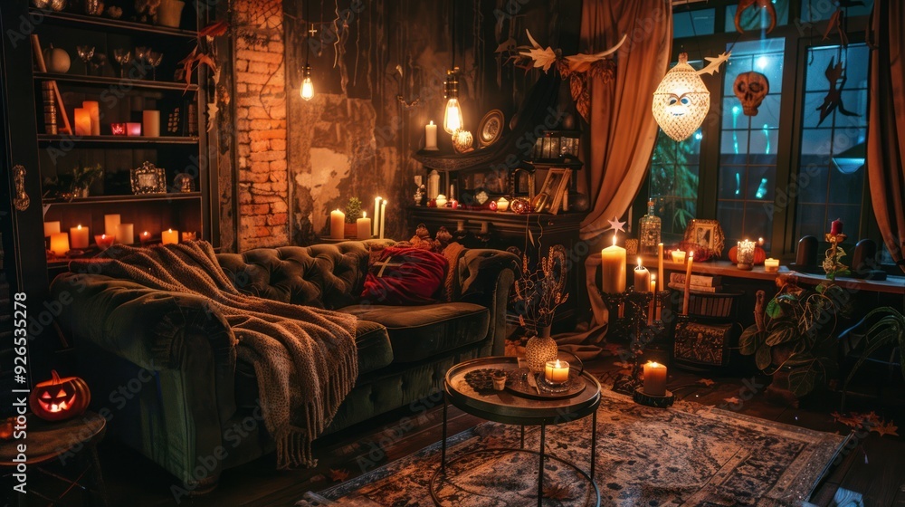 A living room transformed into a spooky Halloween party space. A living room transformed into a spooky Halloween party space.