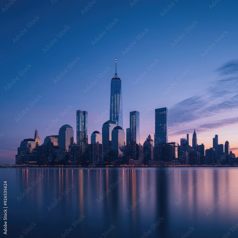 Obraz premium An iconic city skyline at twilight, with buildings reflecting the last rays of the sun and the first lights of the evening
