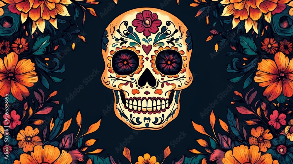 Colorful Día de los Muertos sugar skulls and flowers on dark background - Mexican tradition - festive imagery - cultural celebration Colorful Día de los Muertos sugar skulls and flowers on dark background - Mexican tradition - festive imagery - cultural celebration