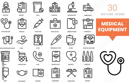Set of minimalist linear medical equipment icons. Vector illustration
