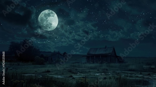 A night sky with a full moon casting a silver glow over a creepy, deserted village.