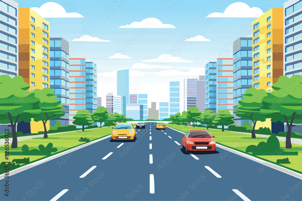 road in front of multi-storey buildings with city landscape road in front of multi-storey buildings with city landscape