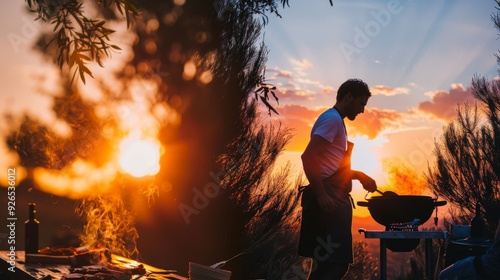 A man grilling outdoors at sunset, surrounded by nature, enjoying a peaceful moment of cooking and relaxation.