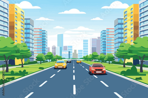 road in front of multi-storey buildings with city landscape