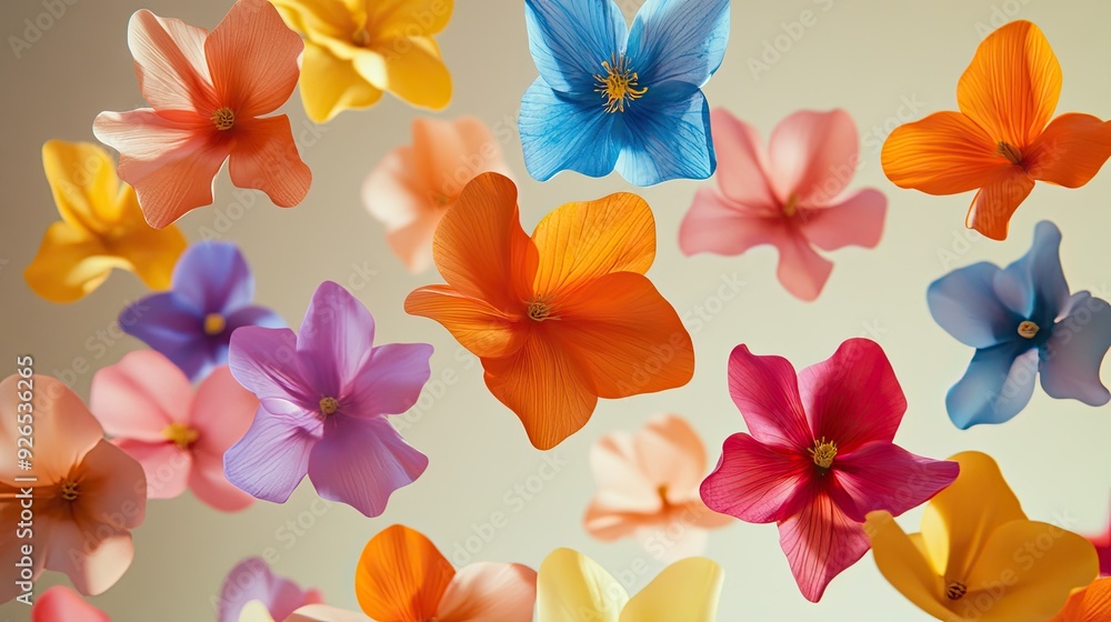 Fototapeta premium Artificial flowers in various bright colors levitating against a neutral backdrop, creating a visually striking and ethereal composition.