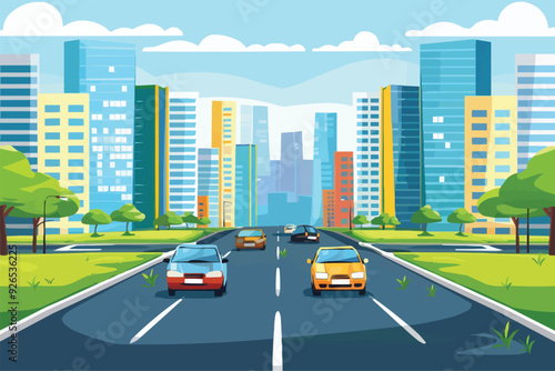 road in front of multi-storey buildings with city landscape