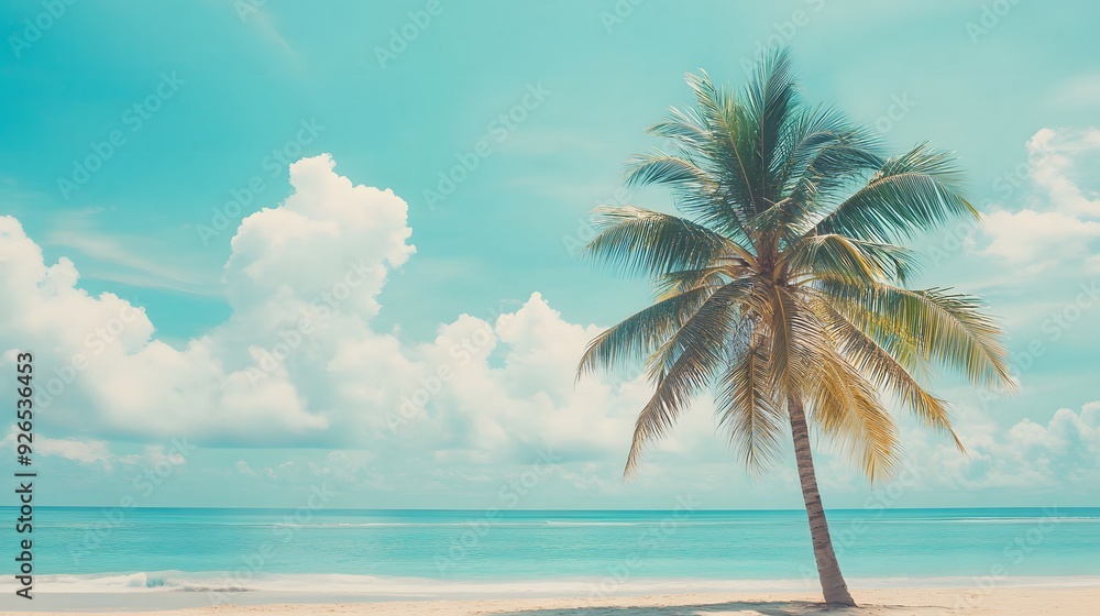 Palm Tree on a Tropical Beach with a Blue Sky and White Clouds. Palm Tree on a Tropical Beach with a Blue Sky and White Clouds.