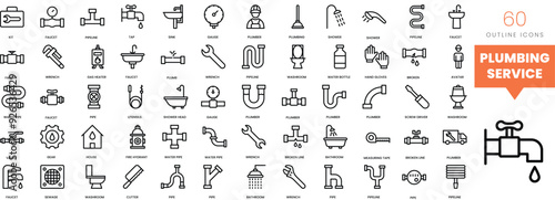 Set of minimalist linear plumbing service and bathroom icons. Vector illustration