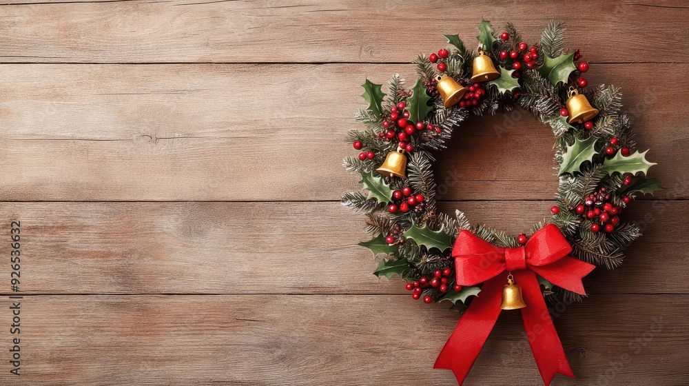 A festive Christmas wreath adorned with red ribbons A festive Christmas wreath adorned with red ribbons