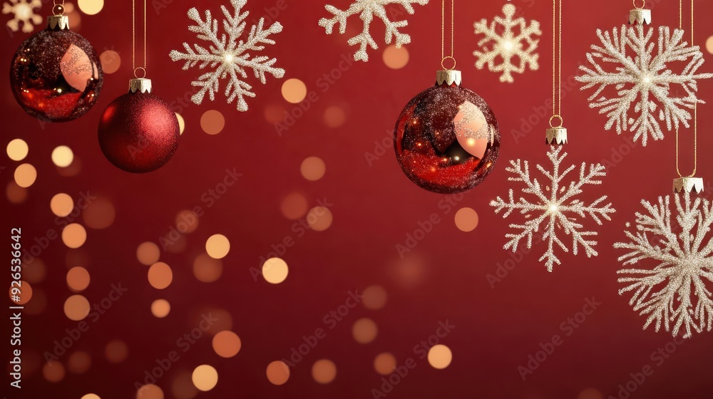 A festive holiday background with shimmering snowflakes, golden ornaments, and a rich red backdrop, elegant and luxurious, digital painting A festive holiday background with shimmering snowflakes, golden ornaments, and a rich red backdrop, elegant and luxurious, digital painting