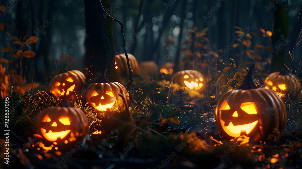 Halloween pumpkins in a dark forest with glowing faces Halloween pumpkins in a dark forest with glowing faces