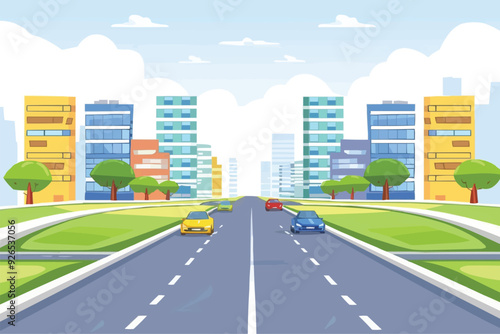 road in front of multi-storey buildings with city landscape