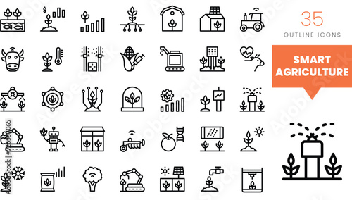 Set of minimalist linear smart agriculture farming icons. Vector illustration