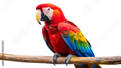 Red macaw parrot sitting on a branch isolated on transparent background photo