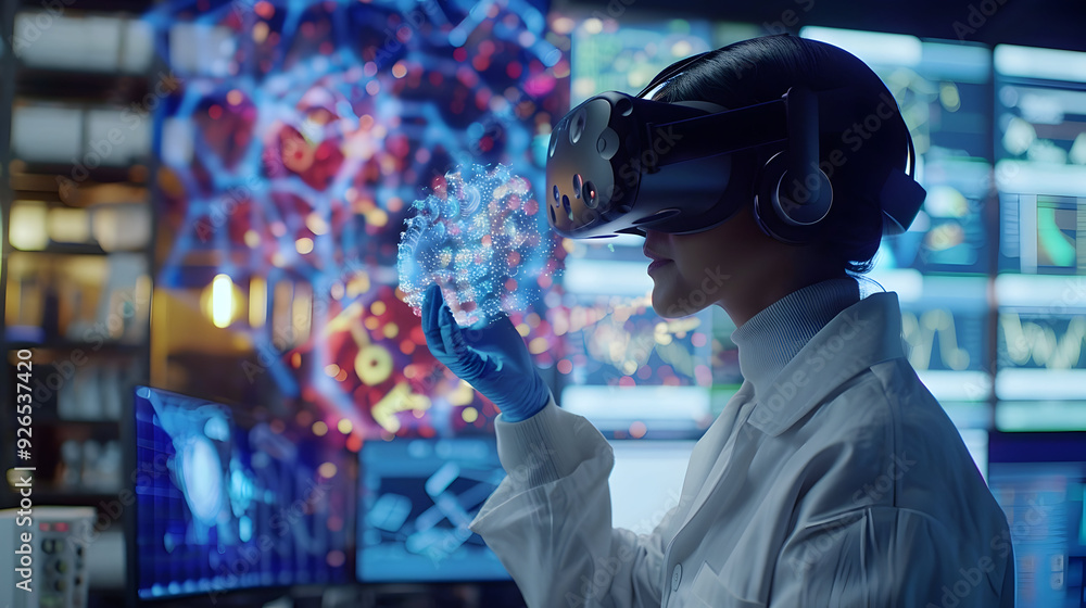 Woman Scientist in Virtual Reality Lab Wearing VR Headset and Lab Coat Examining a 3D Model Woman Scientist in Virtual Reality Lab Wearing VR Headset and Lab Coat Examining a 3D Model