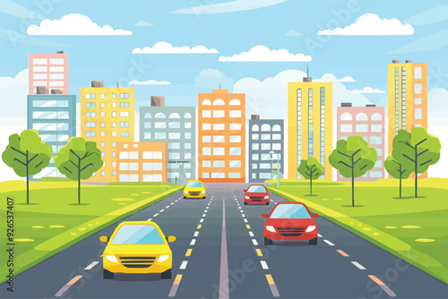 road in front of multi-storey buildings with city landscape