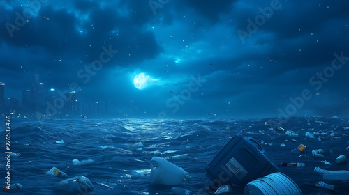 Ocean pollution at night, plastic debris floating in the water under a full moon with city skyline in the background