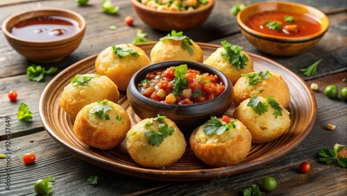 Delicious panipuri served with cilantro and chili sauce, panipuri, Indian snack, street food, spicy, appetizer