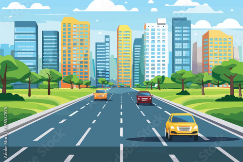road in front of multi-storey buildings with city landscape