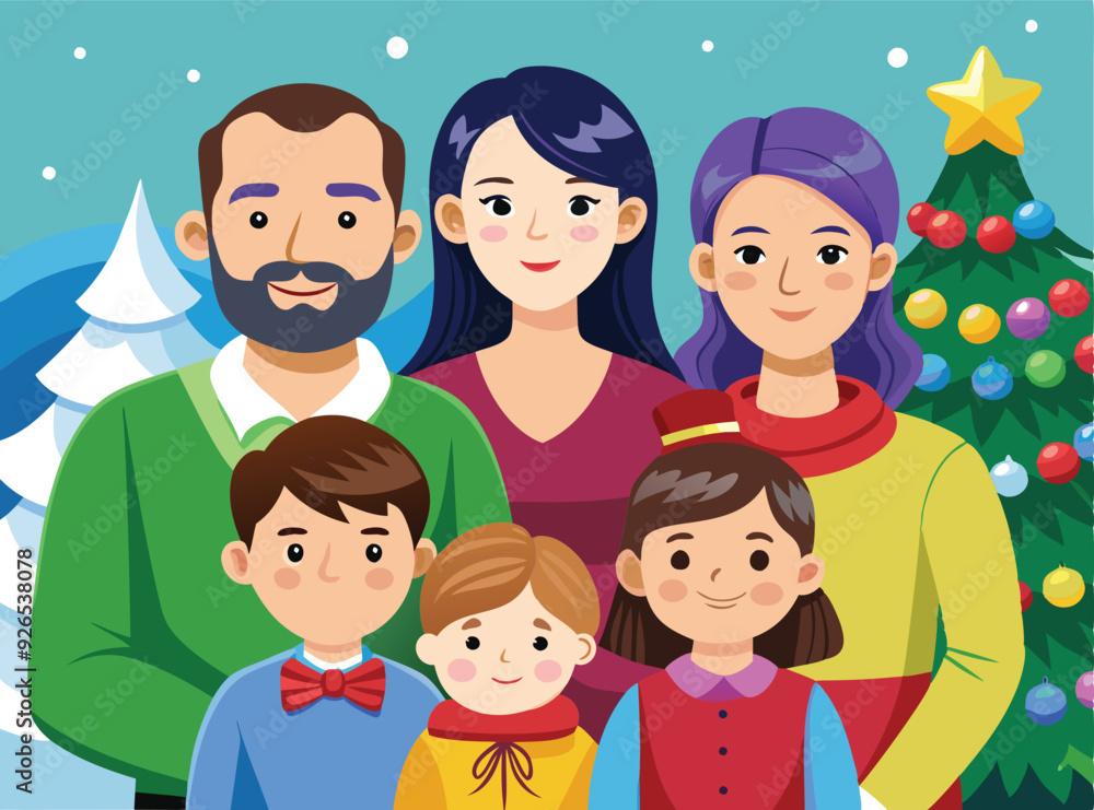 Merry Christmas Family Holiday Decor, Warm Christmas Family Celebration Cartoon with Christmas Trees, Festive Family Gathering Christmas Illustration with Santa Hats Merry Christmas Family Holiday Decor, Warm Christmas Family Celebration Cartoon with Christmas Trees, Festive Family Gathering Christmas Illustration with Santa Hats