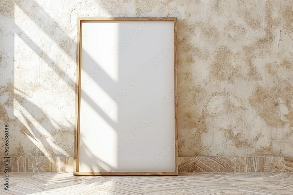 Blank wooden frame leaning against a textured wall in a sunlit, neutral-toned room. Blank wooden frame leaning against a textured wall in a sunlit, neutral-toned room.