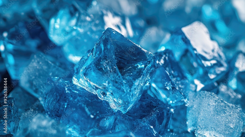 Close-up of blue-tinted ice cubes assembled artistically, their facets reflecting light in an abstract manner. Close-up of blue-tinted ice cubes assembled artistically, their facets reflecting light in an abstract manner.