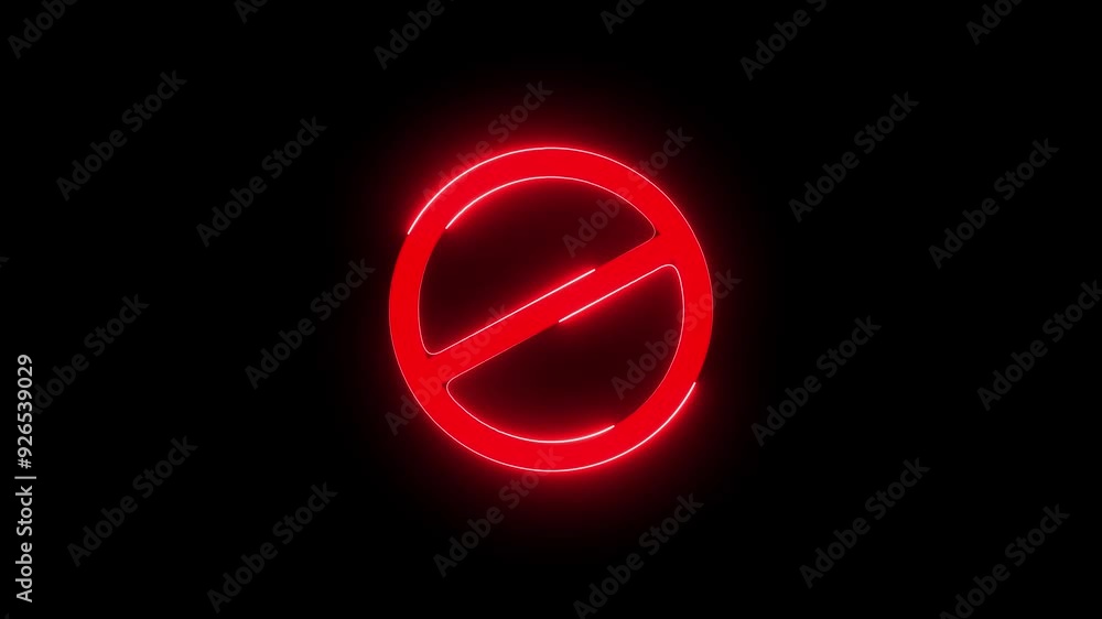 Simple neon line Ban icon. Warning, stop or no entry forbidden red color circle and line symbol icon animation on a black background. Simple neon line Ban icon. Warning, stop or no entry forbidden red color circle and line symbol icon animation on a black background.