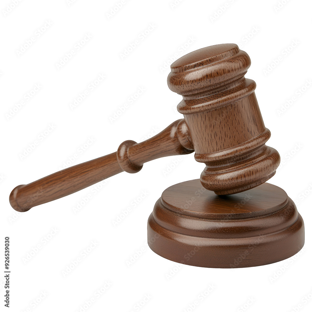A wooden gavel resting on a round base, symbolizing justice, law, and authority in a courtroom setting. transparent background A wooden gavel resting on a round base, symbolizing justice, law, and authority in a courtroom setting. transparent background