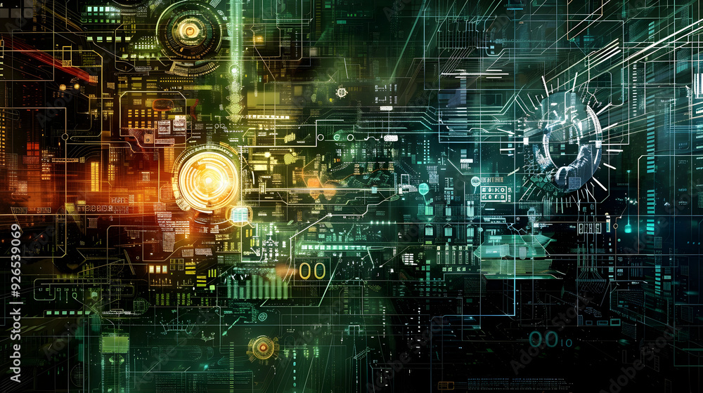 Abstract Futuristic Technology Illustration with Green and Orange Hues Abstract Futuristic Technology Illustration with Green and Orange Hues
