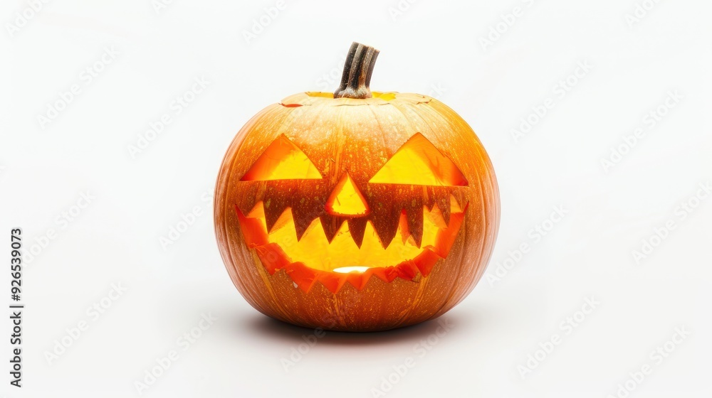 A single jack-o'-lantern isolated on a white background, glowing brightly. A single jack-o'-lantern isolated on a white background, glowing brightly.