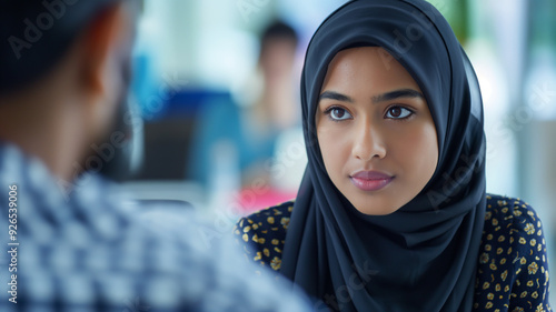 Close-up of a hijabi teenager in a therapy session, speaking with a therapist about mental health. 