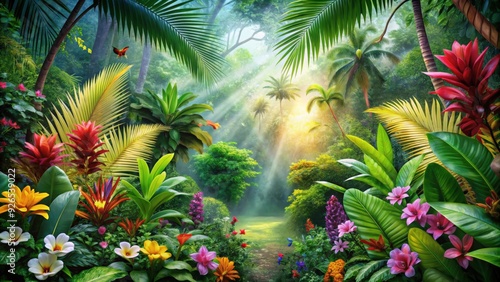 Fototapeta Naklejka Na Ścianę i Meble -  of a tropical forest with vibrant flowers, creating a colorful paradise background , tropical, forest,vibrant, flowers