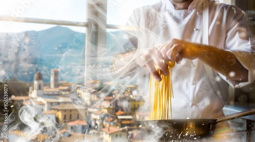 A chef preparing fresh pasta against a scenic backdrop of a beautiful landscape, showcasing culinary artistry and passion. photo