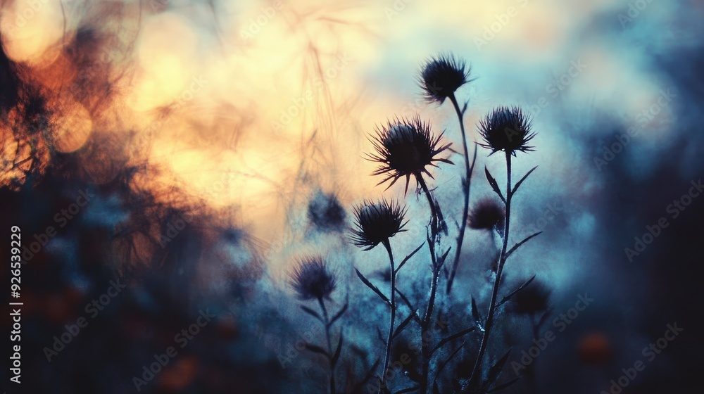 Dark outlines of thistles juxtaposed with a dreamy, blurred background, blending nature with abstraction.