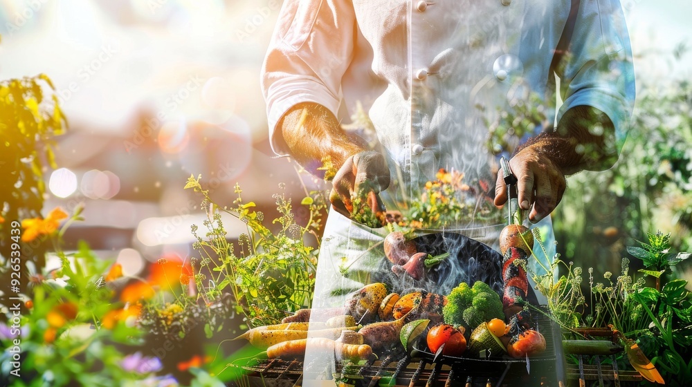 Fototapeta premium A chef proudly displays a colorful harvest of fresh vegetables from the garden, showcasing culinary creativity and farm-to-table freshness.