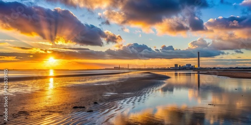 Scenic view of the sunrise at Sandymount strand, Dublin, Ireland , Dawn, beach, Sandymount strand, Dublin, Ireland, sunrise