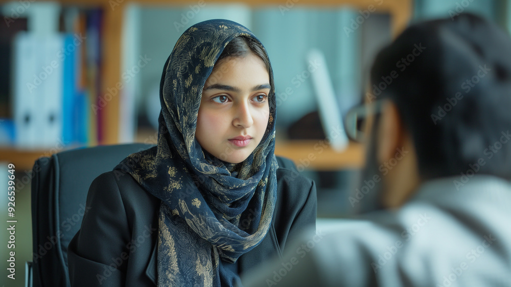 Hijabi girl in conversation with a teacher/principal, educational setting
Hijabi girl in conversation with a teacher/principal, educational setting