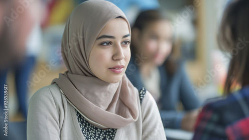 Educational scene with a hijabi girl conversing with her friend in class