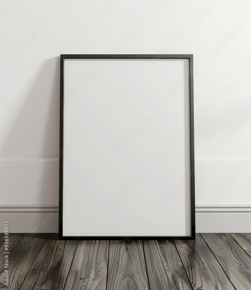 Minimalistic framed blank poster leaning against a white wall on a wooden floor. Minimalistic framed blank poster leaning against a white wall on a wooden floor.