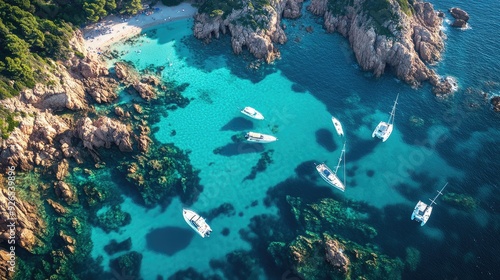 Drone shot of Roccapina Bay, with a focus on the tranquil boats and the dramatic coastline enveloping the clear blue waters.